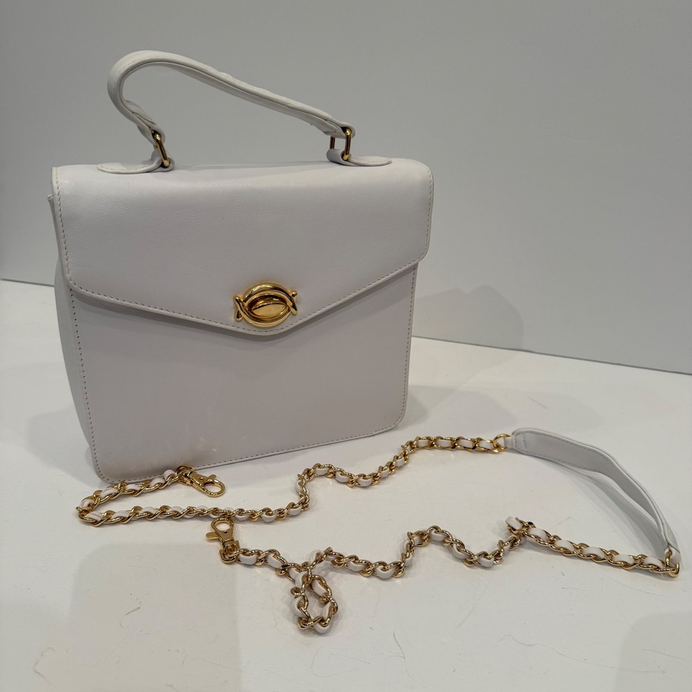 White Leather Top Handle Shoulder Bag‎ Chain Strap Gold Hardware